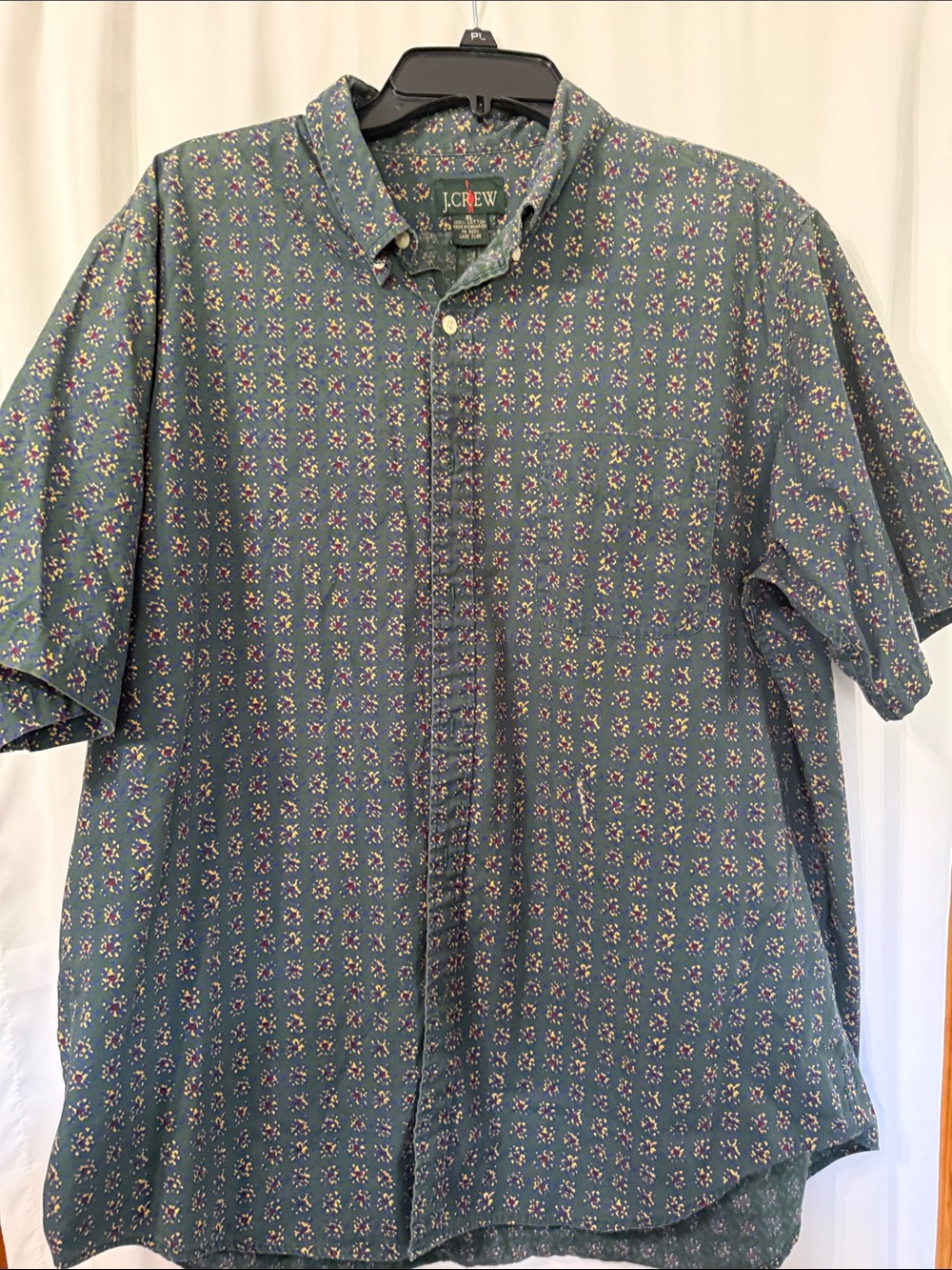 J. Crew Men's Short-Sleeve Button-Down Shirt in Teal with Multi-Color Print